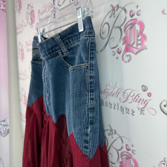 Once again fairy skirt Y2K red Asymmetrical Denim Waist Burgundy Tulle Skirt - Picture 5 of 12